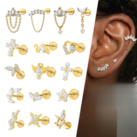 Piercing Labret à Poussoir Sans Filetage en Titane de Grade Implantaire ASTM F136 avec Zircone Cubique pour Hélix, Vente en Gros OEM ODM