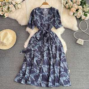 Nuevo Vestido Casual con Estampado Chic y Gran Dobladillo, Cuello en V, Manga Corta, Cintura Alta con Cordones para Mujer - Product Image 6
