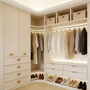 Armoire de rangement en forme de L de style crème BALOM, armoire d'angle avec tiroirs, zone de suspension, poignée dorée, meubles de chambre à coucher - Product Image 3