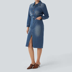 Vestido Midi de Mezclilla <span class=keywords><strong>para</strong></span> Dama Fabricante Personalizado 2025 Moda Casual Verano Otoño Invierno Vestido Camisero de Denim Azul <span class=keywords><strong>para</strong></span> <span class=keywords><strong>Mujer</strong></span> - Product Image 3