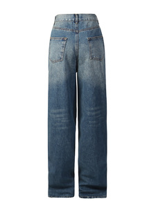 Jeans en denim pour femme à taille haute et jambe large, style vintage foncé avec décoration de quincaillerie métallique, coupe ample streetwear, échantillon rapide - Product Image 3