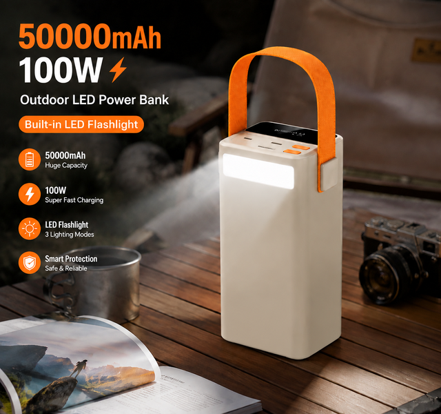 50000mAh 100W Portable Outdoor Power Bank 65W PD USBA Fast Charging with Carry Handle Strap LED Flashlight for Camping Emergency
