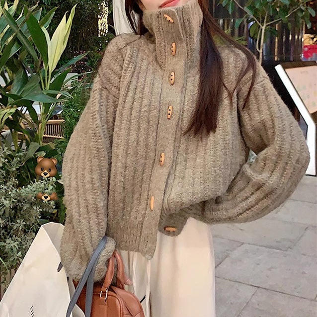 New Autumn Winter Korean Style Ladies Loose High Neck Single Breasted  Sweater