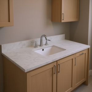 Plan de toilette pour salle de bain 43x22 pouces en marbre gris, vasque en céramique à encastrer rectangulaire 3 trous, design moderne mural - Product Image 2