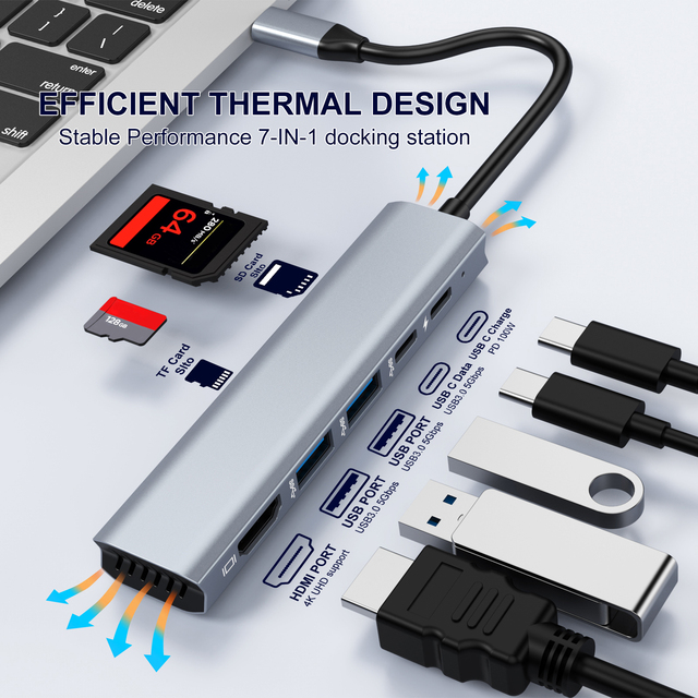 7 in 1 USB C Docking Station Type-C Multiport Adapter 4K HDTV PD 100W Charging USB 3.0 SD/TF Card Reader Aluminum Alloy Camera
