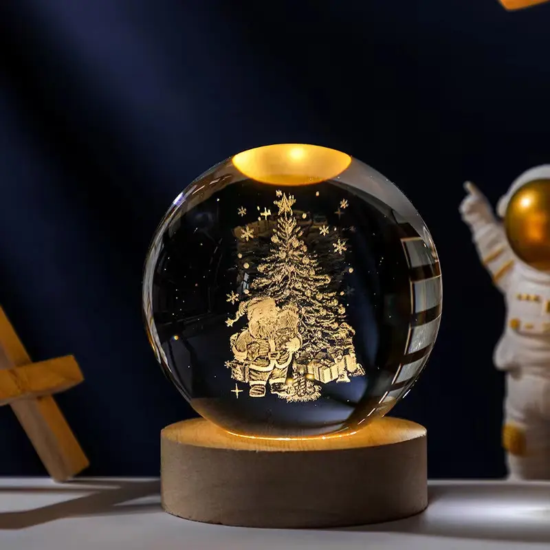 Christmas Gift 3D Art Crystal Ball Inner Engrave Nights Lights Decoration Solar System Moon Led Table Lamp With Wood Base