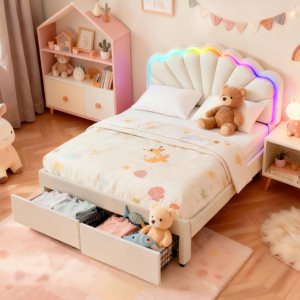 公主波浪形床头板储物柜波浪形RGB LED软垫平台床带USB Type C充电站软床 - Product Image 1