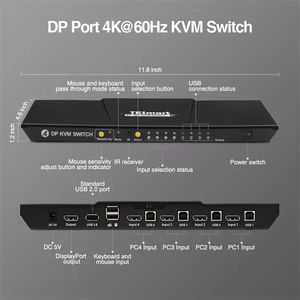 Commutateur KVM TESmart <span class=keywords><strong>4</strong></span> ports DisplayPort 1.2 DP 4K60Hz avec concentrateur <span class=keywords><strong>USB</strong></span> 2.0 prenant en charge le mode de passage du clavier et de la souris - Product Image 2