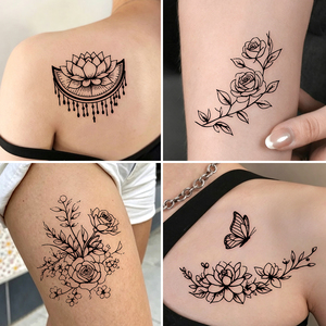 Lot <span class=keywords><strong>de</strong></span> 10 autocollants <span class=keywords><strong>de</strong></span> <span class=keywords><strong>tatouage</strong></span> temporaire noir à motifs floraux, style ligne artistique, roses, faux tatouages imperméables pour le corps - Product Image 4