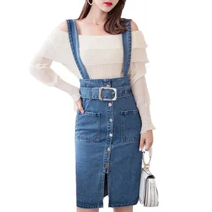 Gaun Jumpsuit untuk Wanita, Pakaian Terusan Jins Rok Denim Kustom