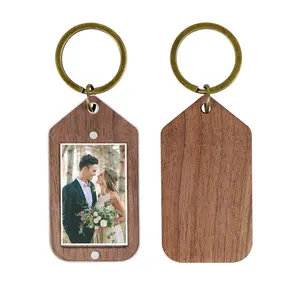 Unique Design Blank Wood Key Chain Custom Logo Wood Keychain Rounds Key Ring With Photo Frame Promotional Gift Set