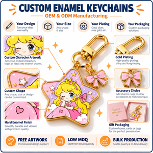 Porte-clés en métal personnalisé Princesse Étoile, mignon dessin animé fille, mousqueton en alliage de zinc, cadeau promotionnel fait main OEM ODM - Product Image 4
