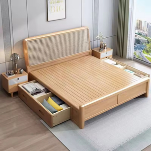 Phong Cách Bắc Âu Tối Giản Rắn Gỗ Giường Đôi 1.5M/1.8M Vua Kích Thước Mây Mía Khung Cho Khách Sạn Nhà Phòng Ngủ-Nhà Máy Bán Buôn - Product Image 6