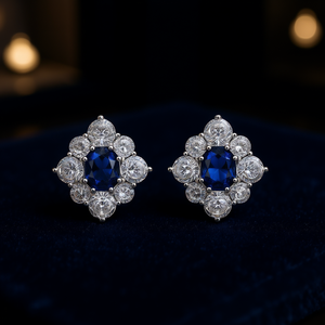 Pendientes Clásicos de Zafiro Azul, Corte Brillante Redondo, Forma de Flor, Engaste de Garra, Joyería Fina para Mujer, para Boda - Product Image 2