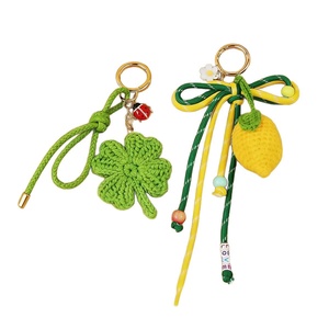 Summer New Handmade Macrame Lemon Charms Round Metal Keychain <b>Braided</b> Strap Crochet Green Leaf Keychain Girl Phone Decorations - Product Image 6