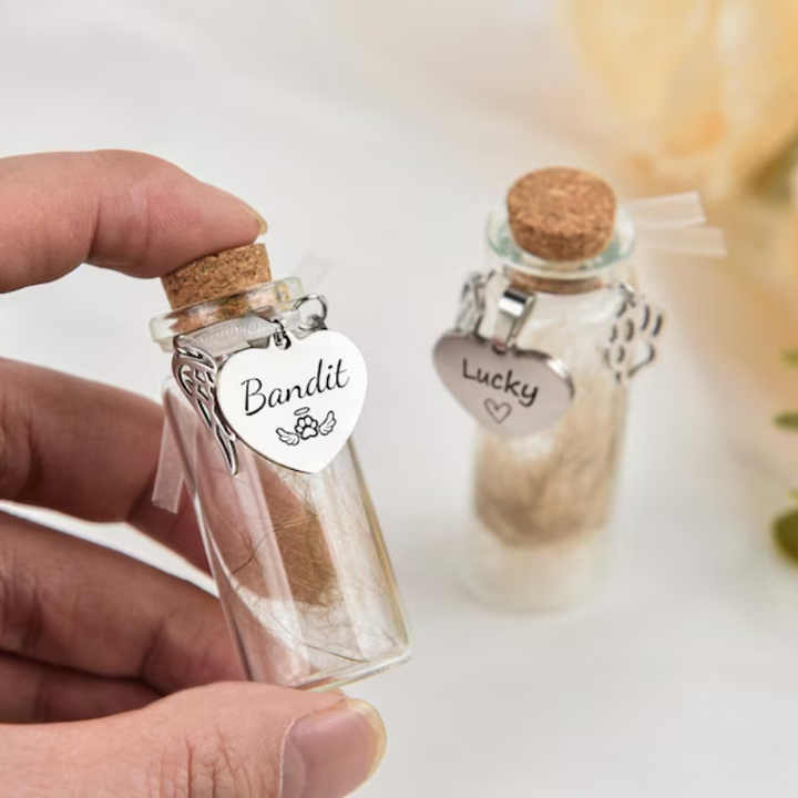 4pcs Pet Hair Keepsake Bottle Dog Cat Clear Hair Memorial Mini Glass Vial With Angel Wings Pet Fur Locket Bottle Heart Paw Ornaments Pet Loss Sympathy Gif