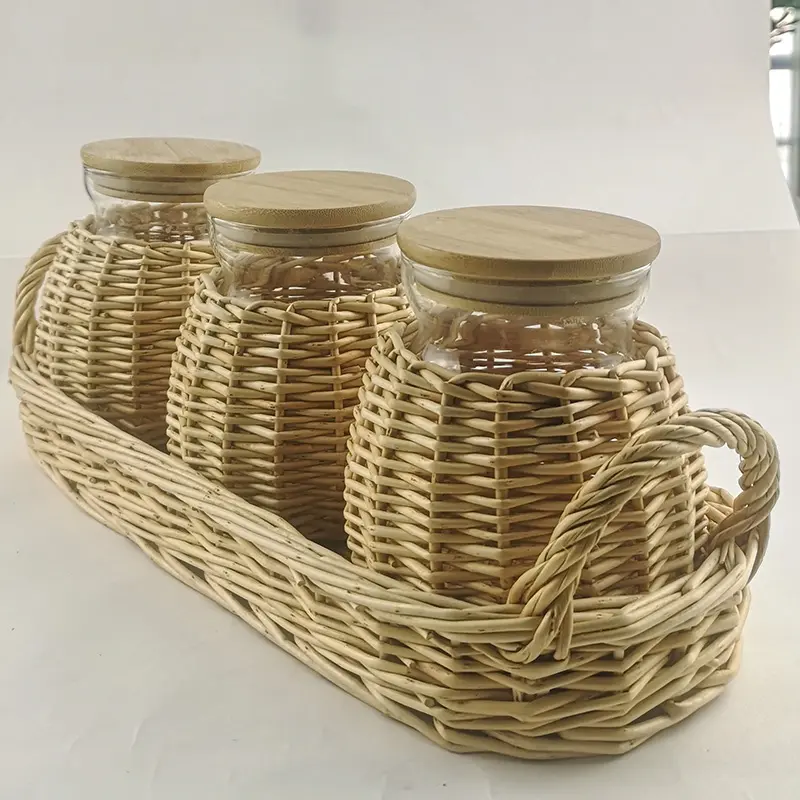 Vimini decorato vaso di vetro con coperchio di bambù/Tessuto Cesto di Vimini con Manico per la Conservazione