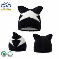 Bonnet en tricot jacquard à oreilles de chat et étoiles en peluche, style streetwear, personnalisable, vente en gros, fournisseur, 8 couleurs, OEM ODM, marque privée