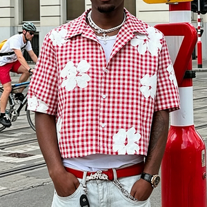 Camicia da uomo personalizzata con stampa floreale e fantasia scozzese, stile streetwear, vestibilità ampia, in cotone pesante, vintage <span class=keywords><strong>a</strong></span> quadri - Product Image 1