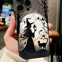 Coque de téléphone antichoc en TPU sur le thème d'Halloween pour iPhone 16 Pro Max 14 15 Plus avec motif citrouille, sorcière et feuilles d'automne