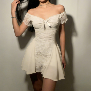 chinese dress ladies Summer Casual Sexy Off Shoulder Sleeve Solid Ruffled Bust Lace Trim Dress  Women's Dress at Amazon Women's Clothing store