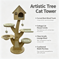 Arbre à chat TreeHaus moderne et luxueux, en forme d'arbre, avec maisonnette en bois, bol en acrylique, perchoirs rembourrés, 4 niveaux, pour chats d'intérieur
