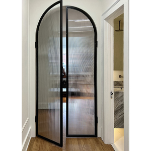 Portes françaises cintrées intérieures avec verre cannelé pour maisons, cadre noir, porte en verre à battants, manuelle pour appartement - Product Image 2