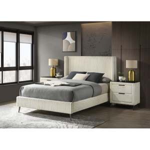Mavela Modern Adjustable Wide Wale Corduroy Upholstery Panel Queen <b>Bed</b> 2 Nightstands Cream for Apartment Hotel Use Furniture Set - Product Image 2
