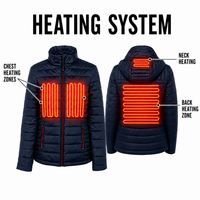 Veste matelassée chauffante pour femme avec double bouton, panneau de commande quadruple et poches zippées rouges pour un usage quotidien en hiver