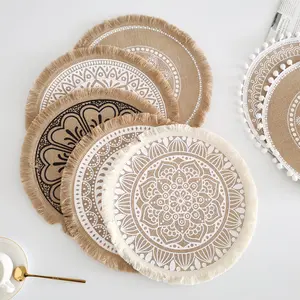 Mandalas bohemias redondas de 15 pulgadas, manteles individuales de yute con flecos, para comedor