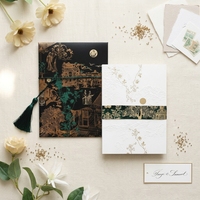 Ensemble d'invitations de mariage noires de style chinois avec pochette, personnalisées en papier, monogramme en relief, emballage cadeau
