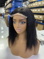 Perruque Bob Courte Noire 13x4 HD Lace Frontal Cheveux Humains Raides Crépus 100% Naturels avec Bords Bouclés Afro Yaki, Perruques Sans Colle avec Fermeture 5x5