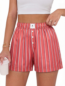 Shorts de Algodón a Rayas de Cintura Alta para Mujer con Cierre de Botones, Estilo Casual, Color Blanco - Product Image 3