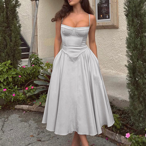 Vestido sexy para comercio exterior, <span class=keywords><strong>ropa</strong></span> <span class=keywords><strong>de</strong></span> <span class=keywords><strong>mujer</strong></span> atractiva, vestido midi con tirantes y cuello en V, ceñido a la cintura, adelgazante, vestido sin espalda - Product Image 2