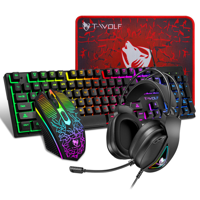 T-WOLF Thunderwolf TF400 Wired USB Backlit Gaming Keyboard Mouse Headset Mouse Pad Four-in-One Set