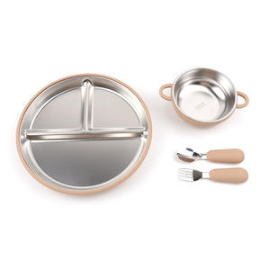 Ensemble de 4 assiettes pour enfants, assiettes divisées à ventouse pour bébé, anti-brûlure, en acier inoxydable, avec coque en silicone amovible - Product Image 6