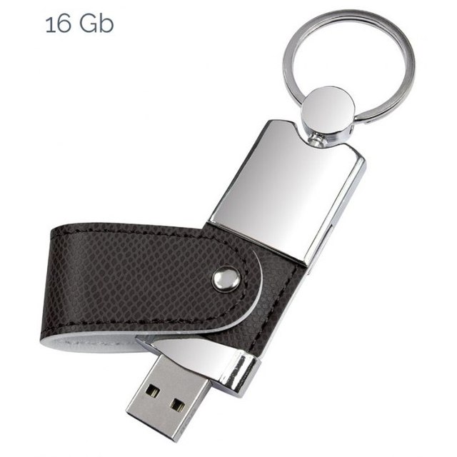 Leather USB Flash Drive 16Gb Keychain Metal Design Black