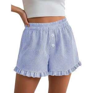 FOXA Pantalones cortos tipo bóxer a rayas para mujer, con volantes en el dobladillo, de algodón suave, informales, de verano, para descansar, con bolsillos - Product Image 2