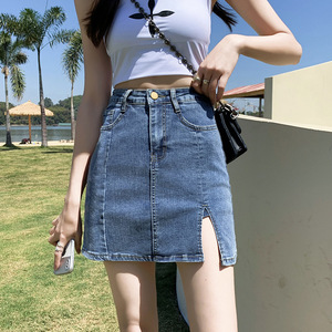 Falda corta <span class=keywords><strong>de</strong></span> mezclilla acampanada ajustada Sexy para <span class=keywords><strong>mujer</strong></span> azul oscuro cintura alta envoltura <span class=keywords><strong>de</strong></span> glúteos dividida Botón <span class=keywords><strong>de</strong></span> lavado ligero decoración <span class=keywords><strong>de</strong></span> talla grande verano - Product Image 2