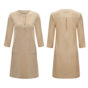 Cộng Với Kích Thước Bình Thường Rắn Màu Cotton Linen Phụ Nữ Dài Tay Áo Áo Dài Kaftan Ăn Mặc Giản Dị Nút Làm Việc OL Sundress Áo Rắn Ăn Mặc - Product Image 5