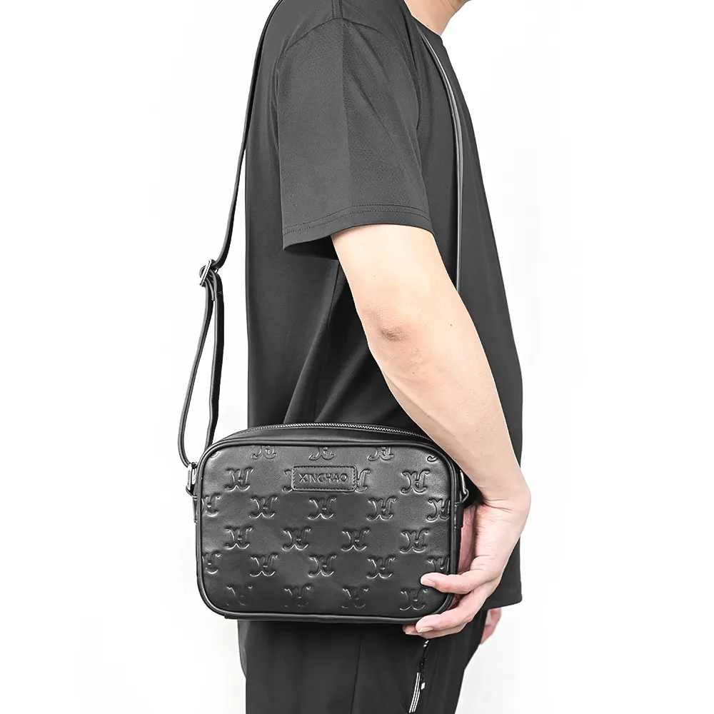 Custom Luxury Debossed Logo Mens Black Genuine Real Cowhide Leather Shoulder Cross Body Messenger Bag For Men