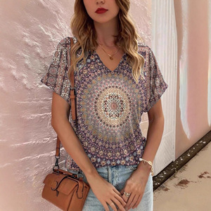 Nouveau T-shirt tendance pour femme, style bohème, imprimé numérique, manches courtes, col en V, polyester, coupe ample, <span class=keywords><strong>TEUM</strong></span> pour - Product Image 2