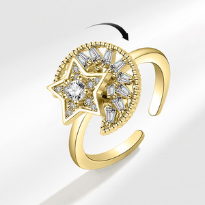 Nouvelle Arrivée Bague Ouverte Lune et Étoile AB Brillante avec Zircon, en Cuivre Plaqué Or, Forme d'Étoile Rotative, Bijou Anti-Stress pour Femme - Product Image 2