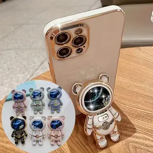 1Pc Quicksand Mobile Phone Holder Astronaut Space Bear Desktop Foldable Stand Cartoon Lazy Back-mounted Mobile Phone Case Holder