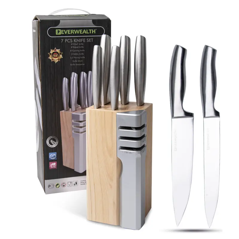Hot Seller 7pcs 430 Set di coltelli da cucina in acciaio inossidabile 3 cr13 con manico cavo con affilacoltelli