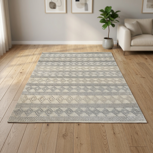 Tapis d'extérieur rectangulaire moderne à tissage plat géométrique gris beige en laine bouclée et coupée pour salon - Product Image 3
