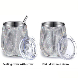 Gobelet de voyage isotherme en métal scintillant avec couvercle et paille, en forme de U, orné de strass et de diamants, idéal pour la fête des Mères - Product Image 2