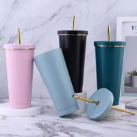 Gobelet isotherme à double paroi avec couvercle et paille, design personnalisé, 500 ml/750 ml, bord doré