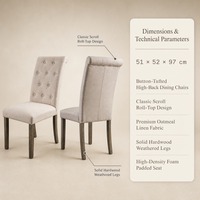 Chaise de salle à manger capitonnée beige avec dossier boutonné et pieds en bois pour salon et cuisine, vente en gros, directement de l'usine
