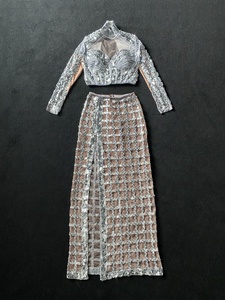 Rok panjang belah tinggi atasan payet berkilau seksi 2 potong Set pakaian dansa panggung gaun pesta klub malam ramping gaun pesta koktail wanita gaun <span class=keywords><strong>Prom</strong></span> - Product Image 6